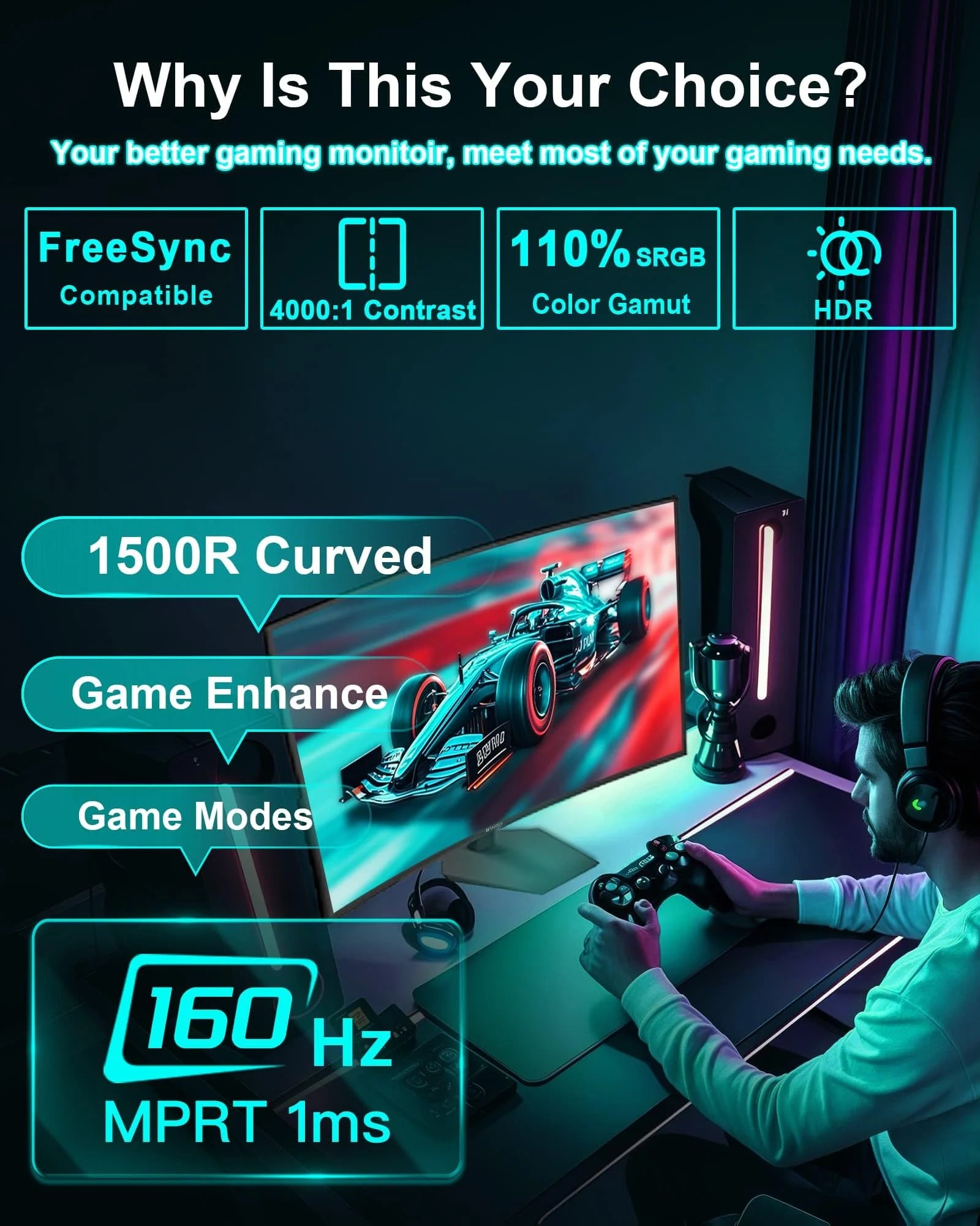 1787504249_ybFXXY16 Gamingowy monitor, 27-cali Curved 160Hz, FHD 1080P