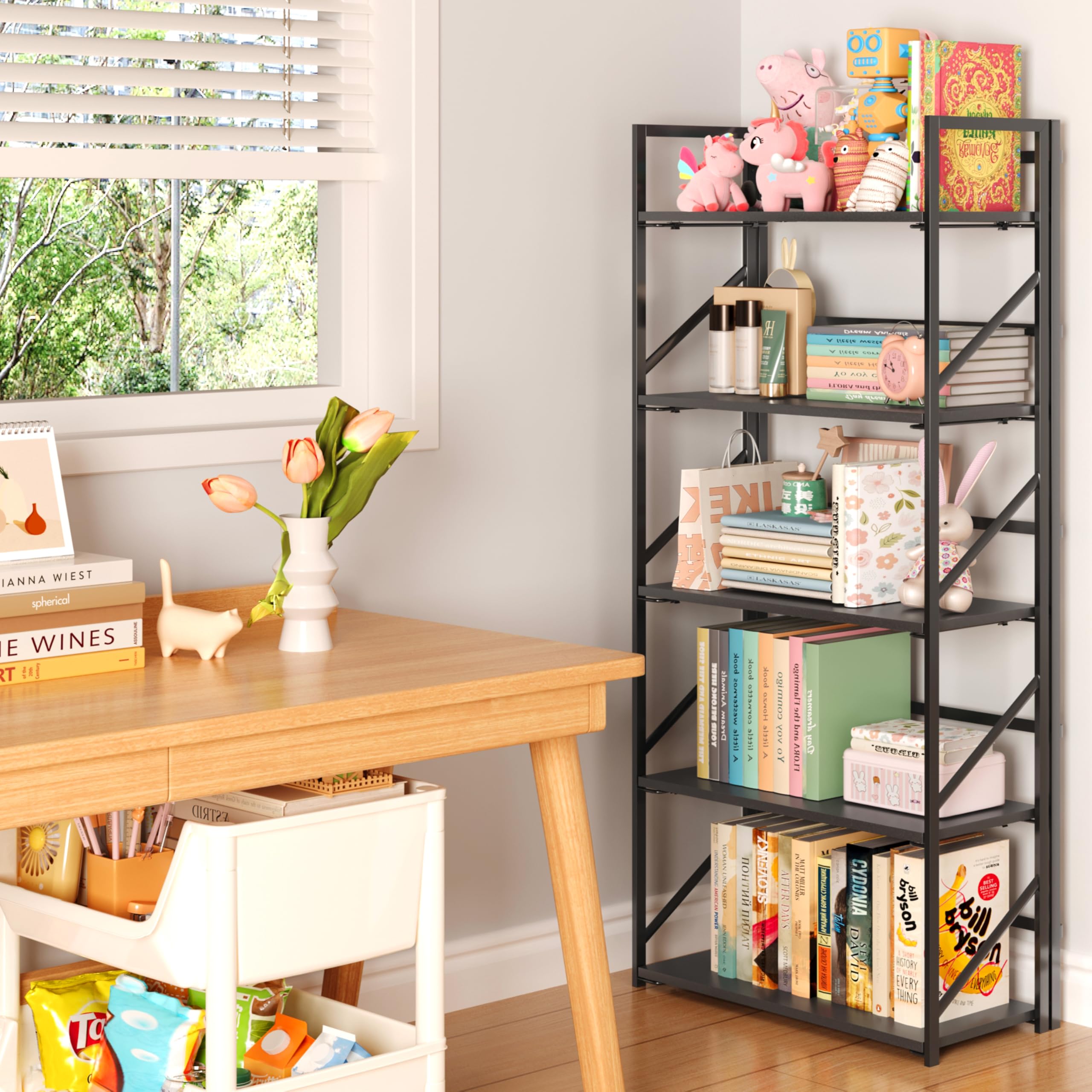 1787513488_diLEzwaB No Assembly składany Bookshelf z 5 poziom metal magazynowy
