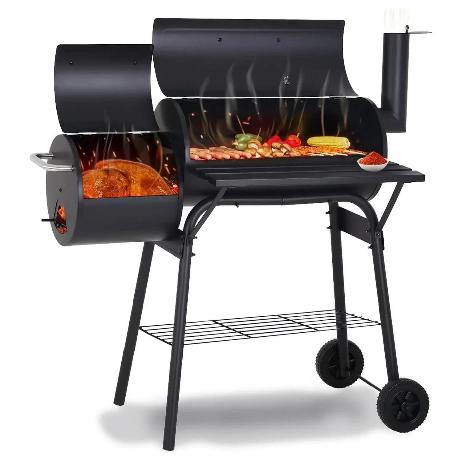 1787532514_jRqTvSv0 Przenośny Charcoal Bbq grill z Offset Smoker, stal, czarny, Thermometer, koła