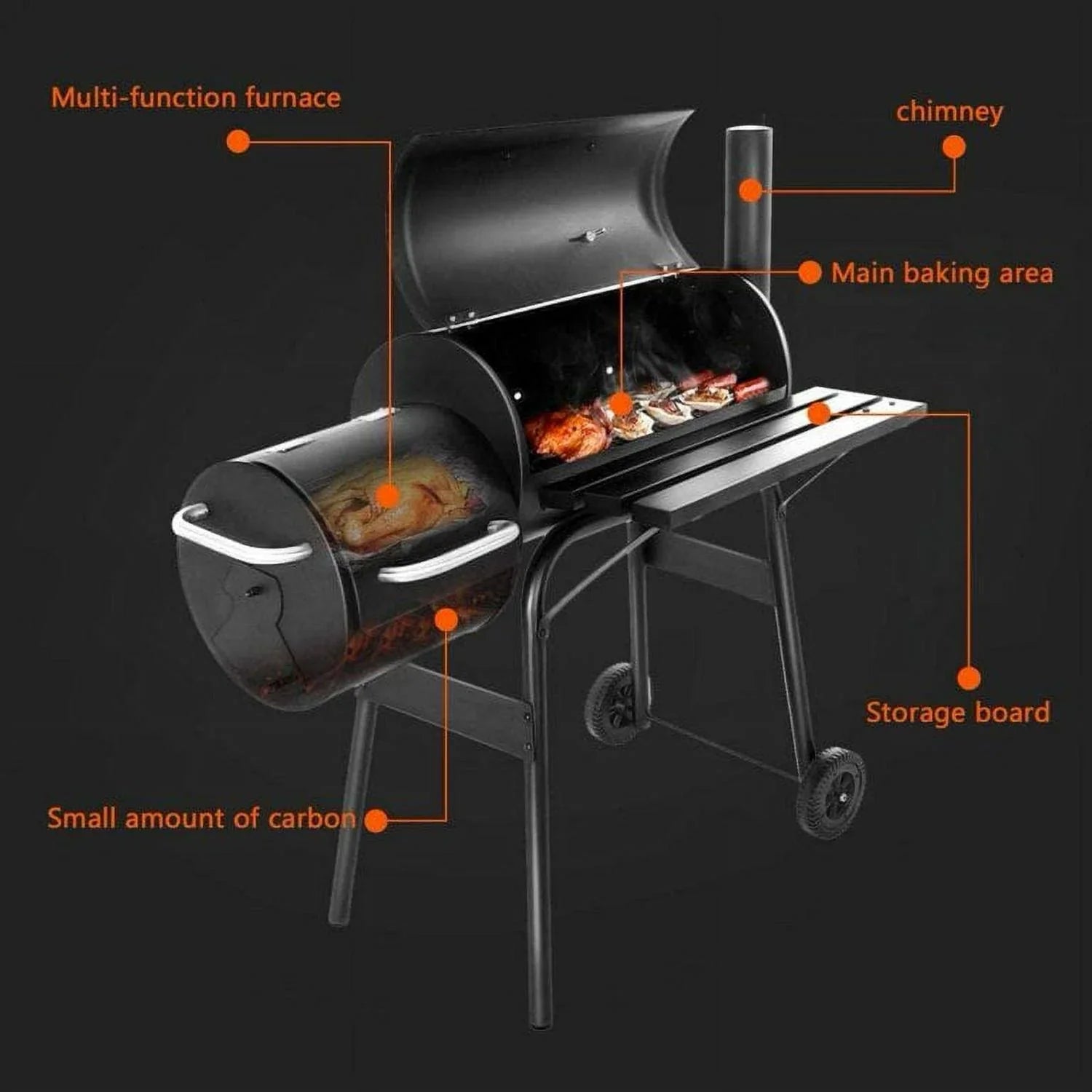 1787532520_qmZSVP28 Przenośny Charcoal Bbq grill z Offset Smoker, stal, czarny, Thermometer, koła