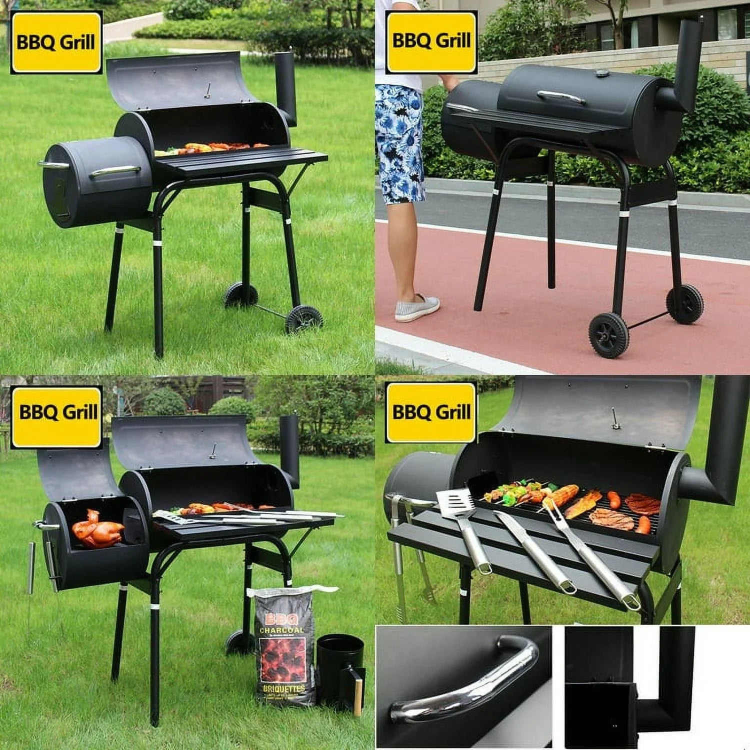1787532524_owHccGJf Przenośny Charcoal Bbq grill z Offset Smoker, stal, czarny, Thermometer, koła