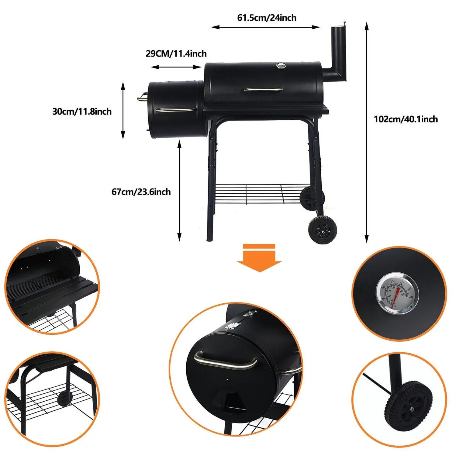 1787532536_kUjMm6Zh Przenośny Charcoal Bbq grill z Offset Smoker, stal, czarny, Thermometer, koła