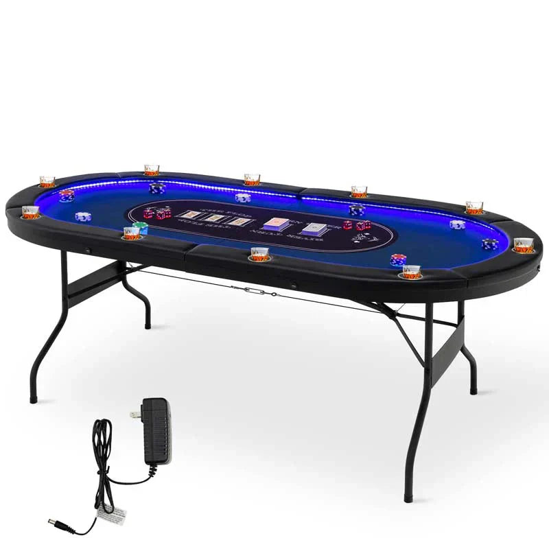 Table - 10 Players Folding Game Poker - Designed for Texas Card Games Casino Leisure Table with Cup Holder 4 Usb Ports Extra Lights