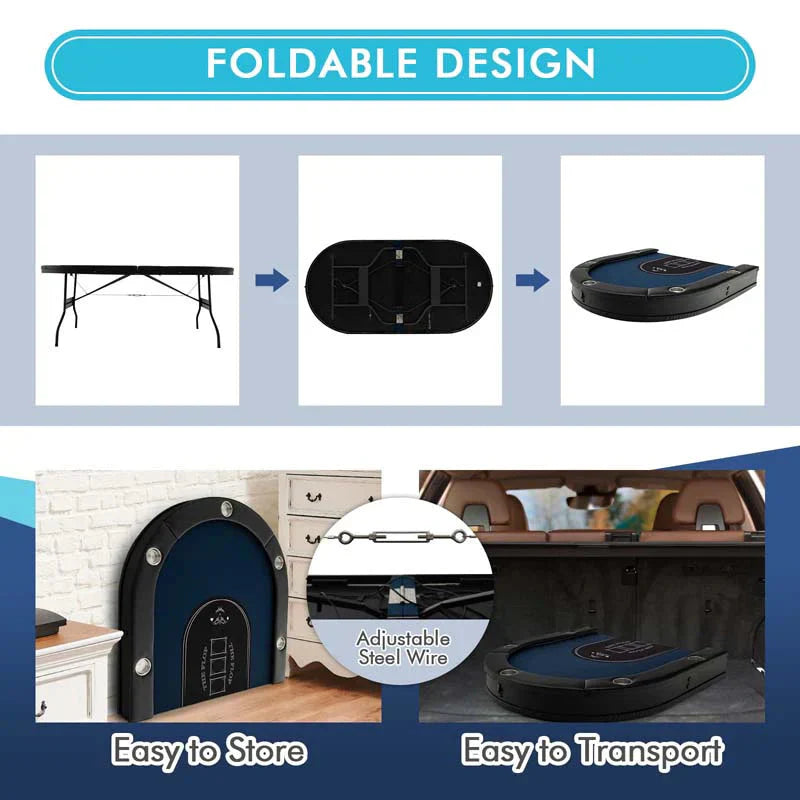 Table - 10 Players Folding Game Poker - Designed for Texas Card Games Casino Leisure Table with Cup Holder 4 Usb Ports Extra Lights