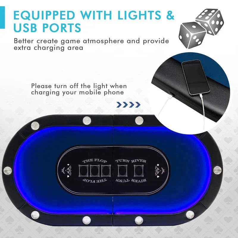 Table - 10 Players Folding Game Poker - Designed for Texas Card Games Casino Leisure Table with Cup Holder 4 Usb Ports Extra Lights