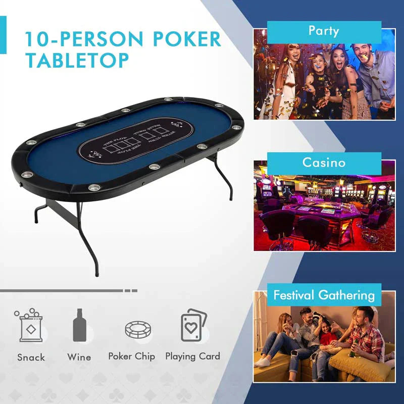 Table - 10 Players Folding Game Poker - Designed for Texas Card Games Casino Leisure Table with Cup Holder 4 Usb Ports Extra Lights