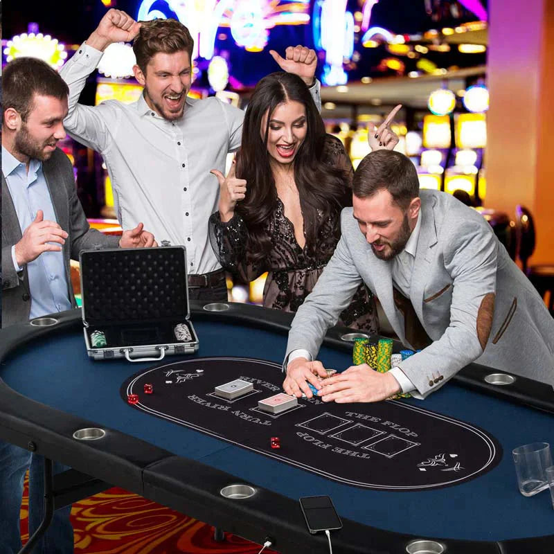 Table - 10 Players Folding Game Poker - Designed for Texas Card Games Casino Leisure Table with Cup Holder 4 Usb Ports Extra Lights