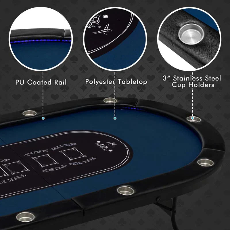Table - 10 Players Folding Game Poker - Designed for Texas Card Games Casino Leisure Table with Cup Holder 4 Usb Ports Extra Lights