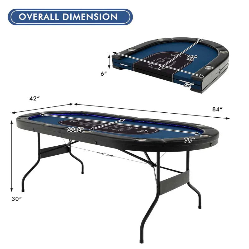 Table - 10 Players Folding Game Poker - Designed for Texas Card Games Casino Leisure Table with Cup Holder 4 Usb Ports Extra Lights