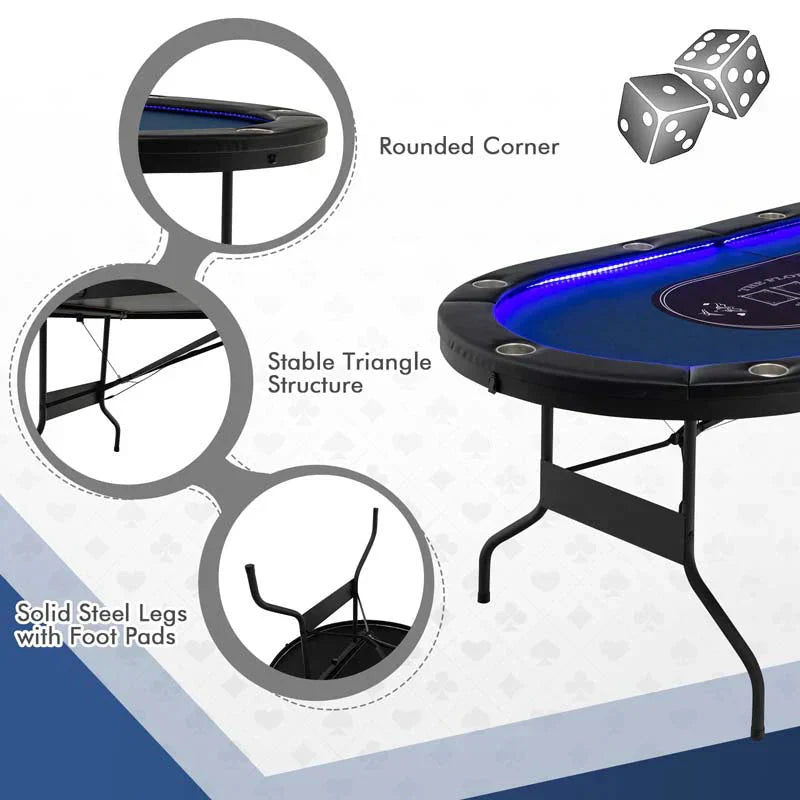 Table - 10 Players Folding Game Poker - Designed for Texas Card Games Casino Leisure Table with Cup Holder 4 Usb Ports Extra Lights