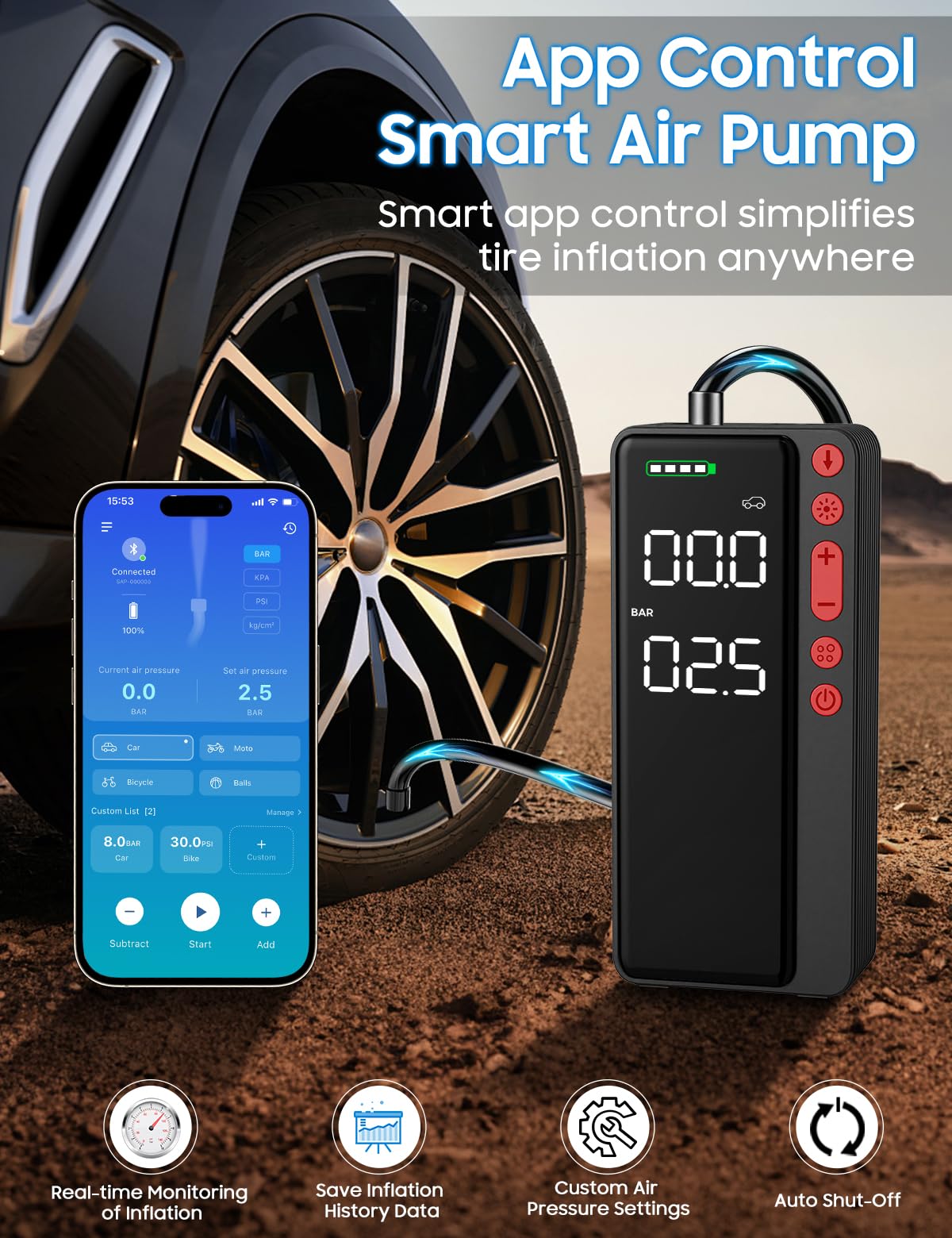 Powietrza kompresor, przenośny, opona Inflator z smart App
