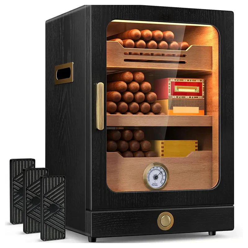 Cigar Humidor, Featuring Spanish Cedar Wood Shelves Hygrometer 3 Humidifiers and Cigar Accessories Drawer