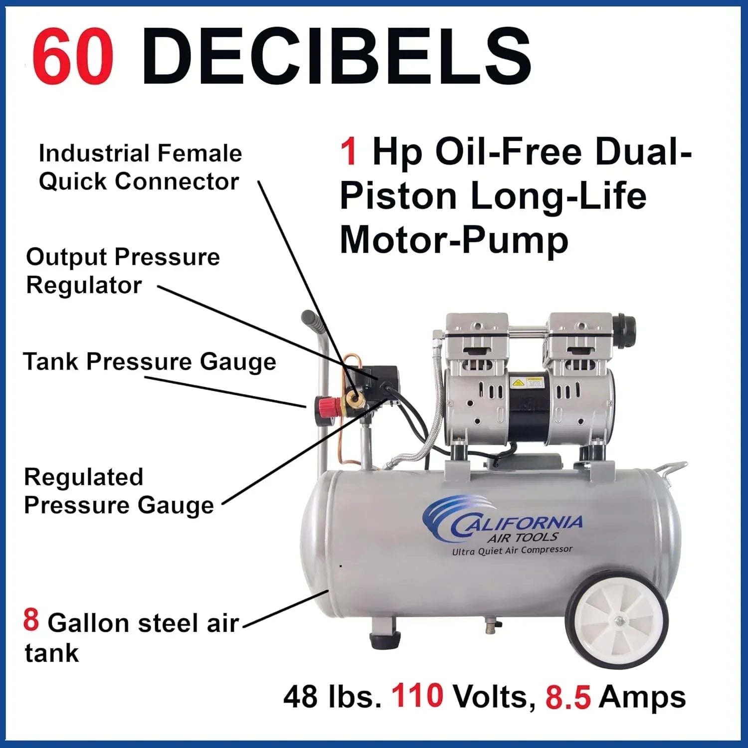 1787614798_p1ug14qn Powietrza narzędzia 8010 Ultra cichy Oil-free powietrza kompresor, 1.0 HP, 8 galon, 120 PSI, 60 Db Noise Level