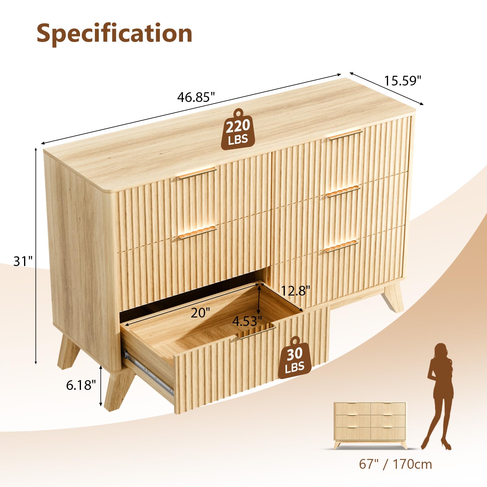 1787620136_xcApsclK Fluted Dresser, 6-szuflada Mid Century nowoczesny design