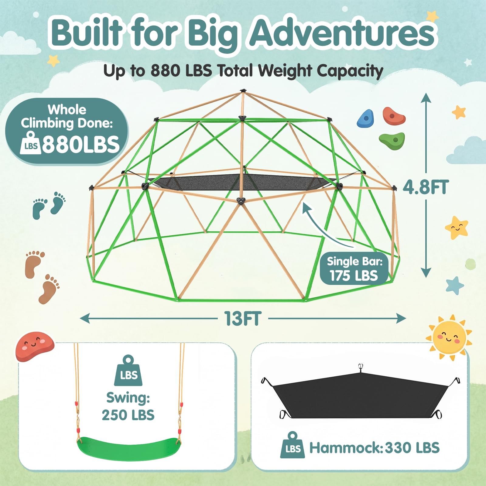1787644153_vh8ekpOu 13FT Climbing Dome z Hammock i huśtawka do dla dzieci