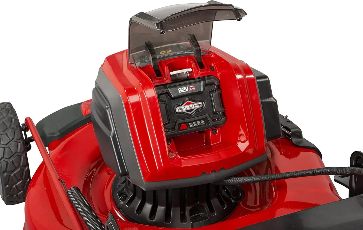 1787656326_OYxGsv5L 82V maks 21 cali elektryczny bezprzewodowy kosiarka do trawy, stal platforma, 3-in-1 design, czerwony/czarny