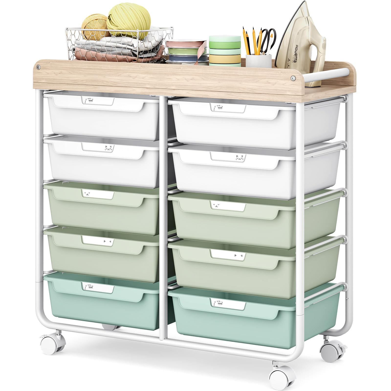 1787698684_nElfmd1h 10-szuflada na kółkach z drewniany Top wózek, zielony Utility Organizer