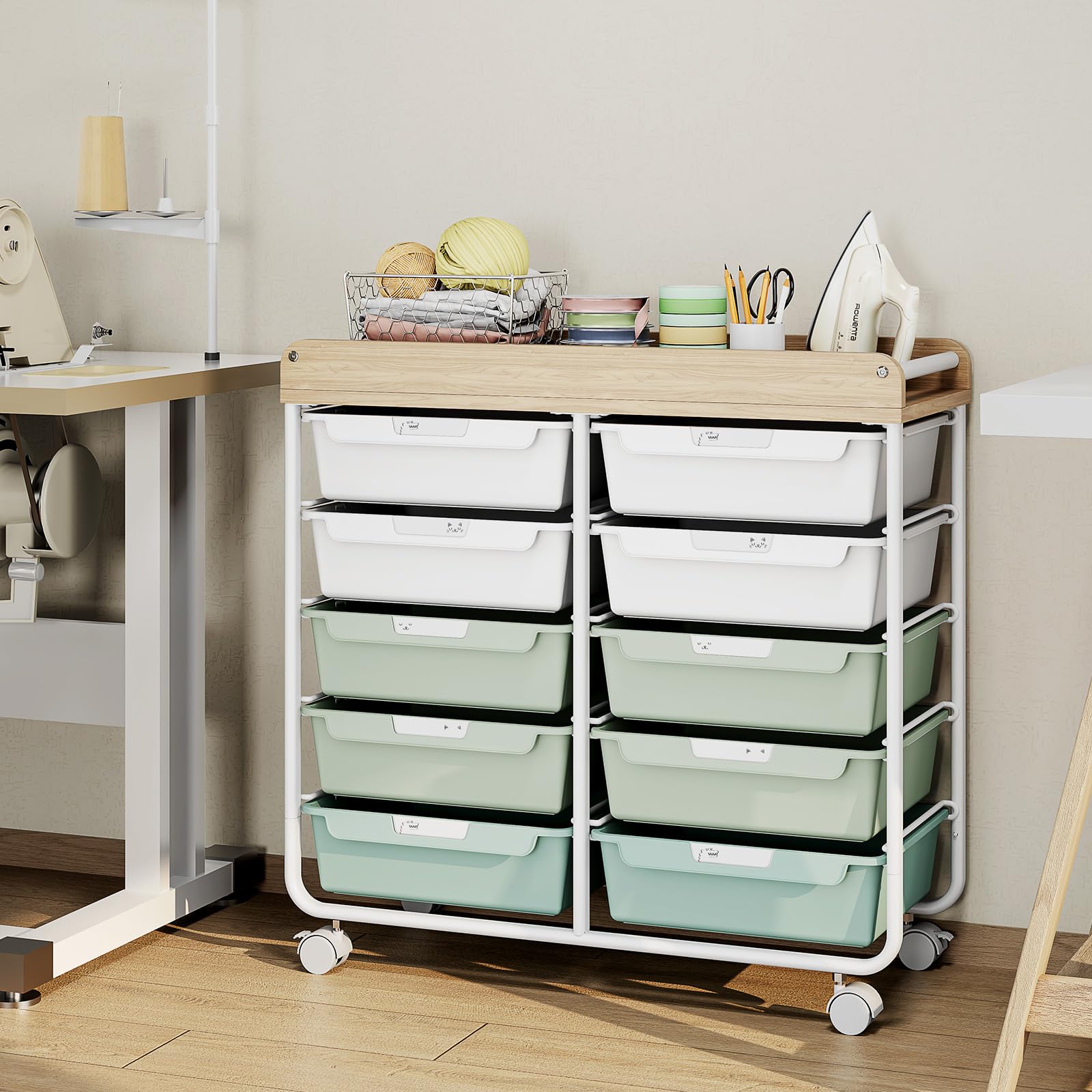 1787698687_uNYIQvU6 10-szuflada na kółkach z drewniany Top wózek, zielony Utility Organizer