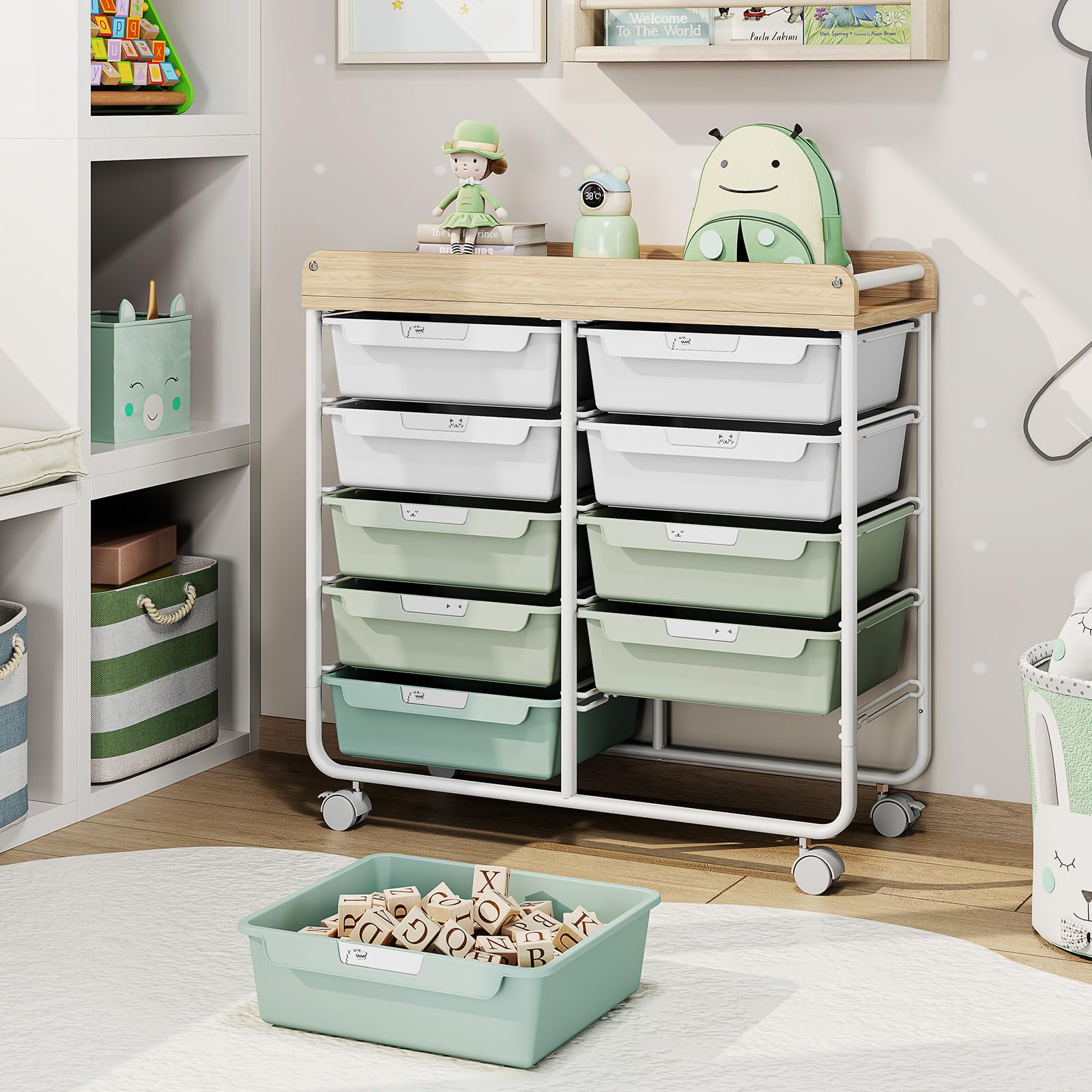 1787698690_dpOmpmHW 10-szuflada na kółkach z drewniany Top wózek, zielony Utility Organizer