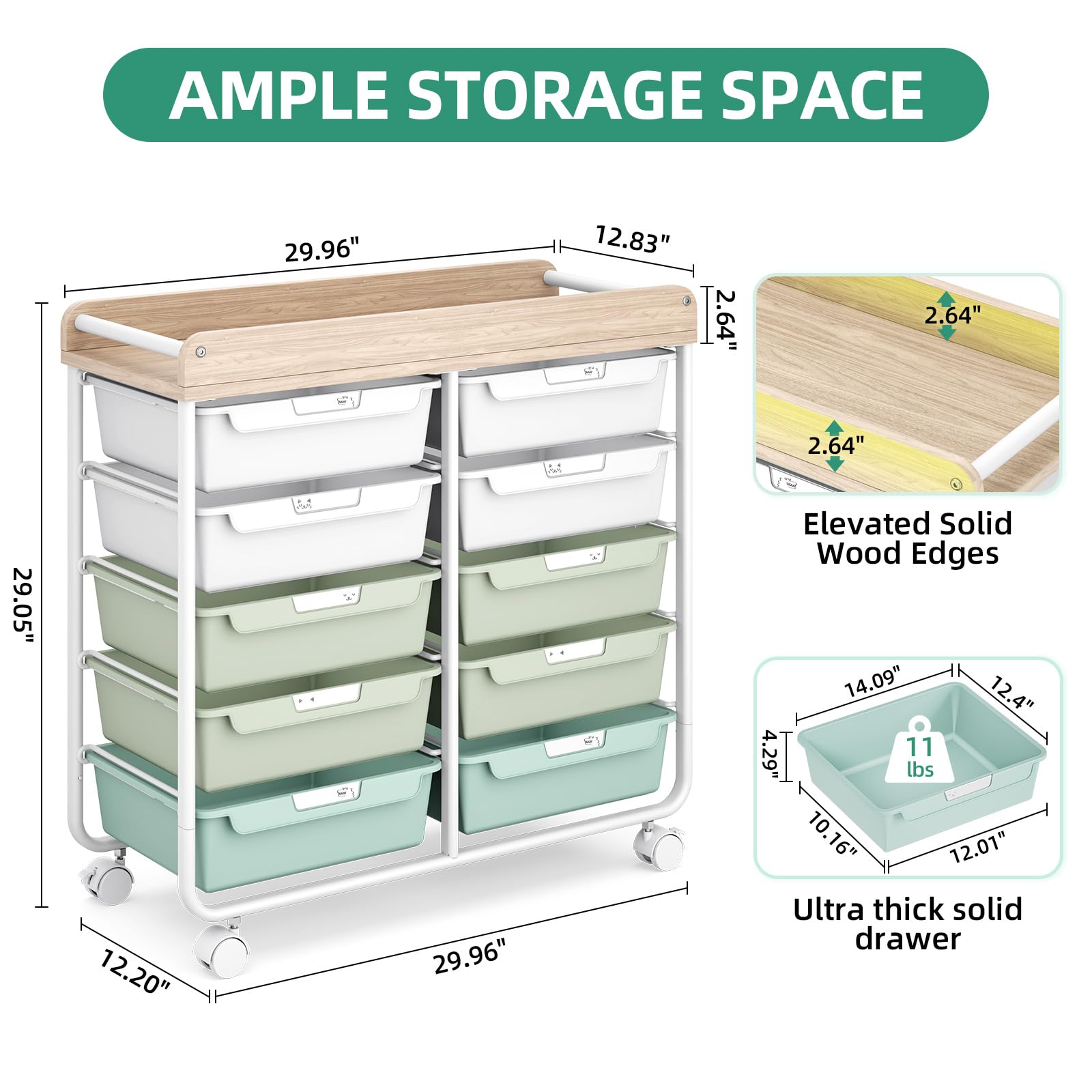 1787698694_IYLvsISK 10-szuflada na kółkach z drewniany Top wózek, zielony Utility Organizer