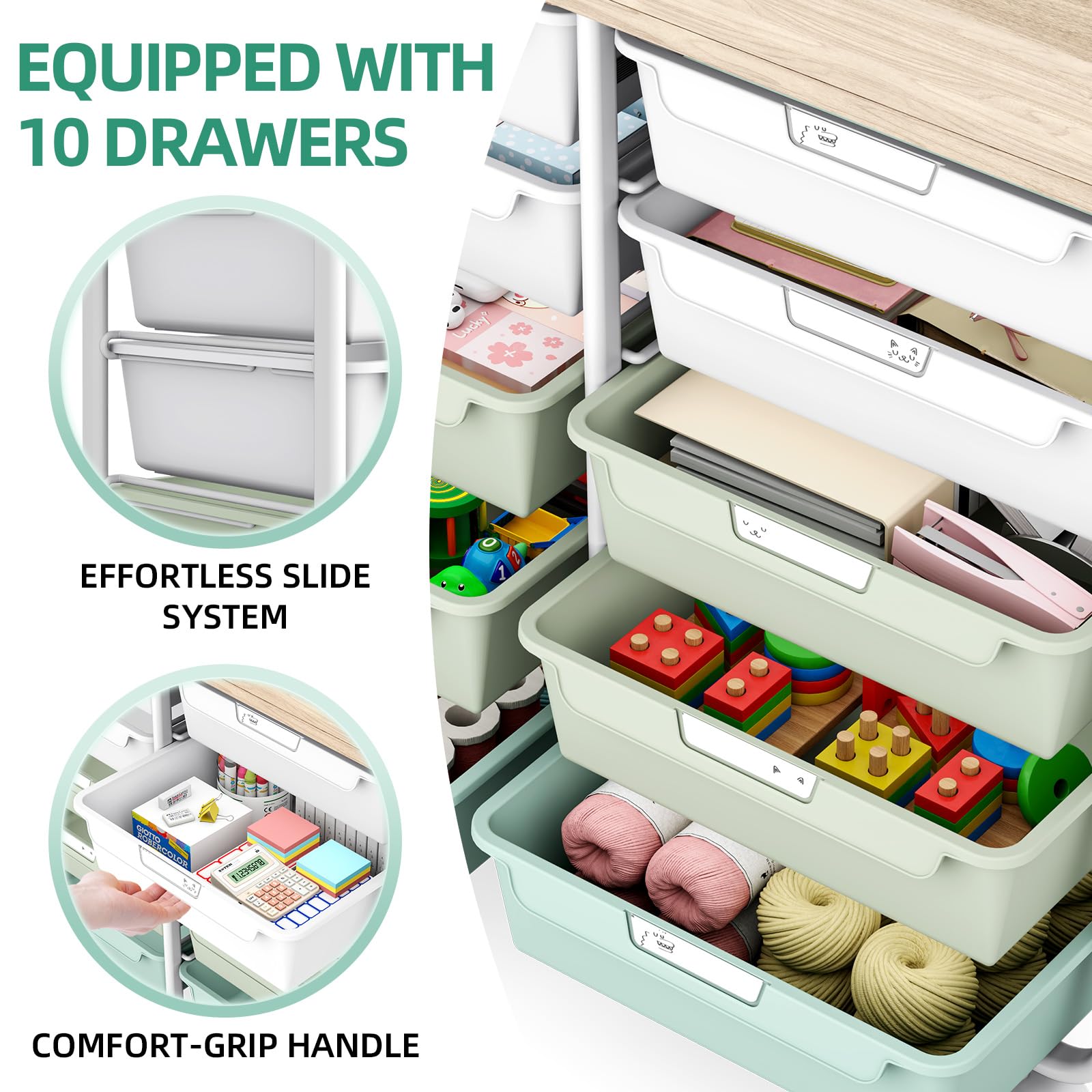 1787698698_wzG3OMXQ 10-szuflada na kółkach z drewniany Top wózek, zielony Utility Organizer