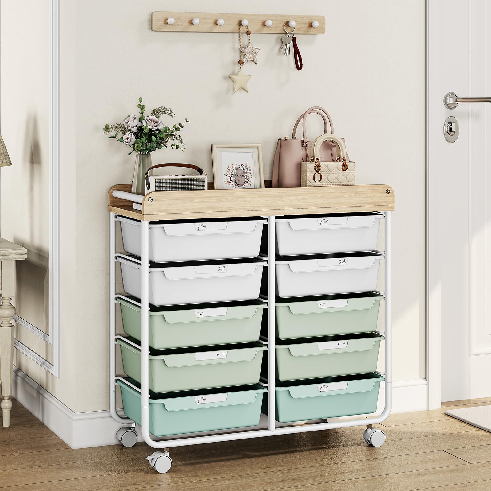 1787698712_SyF81pL2 10-szuflada na kółkach z drewniany Top wózek, zielony Utility Organizer