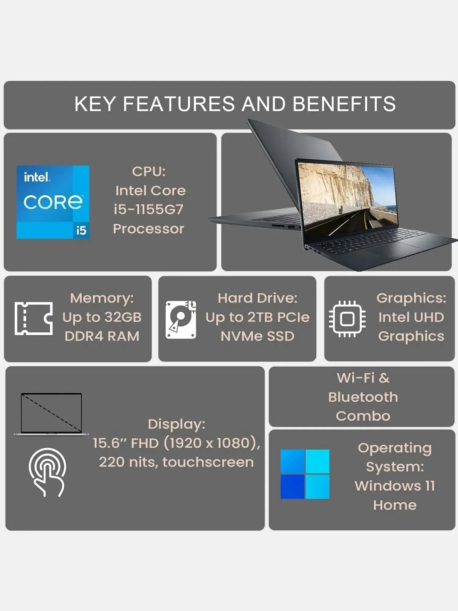 1787723143_eSAWBDIg Laptop - Newest Inspiron 15 3511 - 15.6 FHD Touchscreen, Core i5-1035G1, 12GB RAM, 256GB Pcie Nvme M.2 SSD, SD Card Reader, Webcam, HDMI