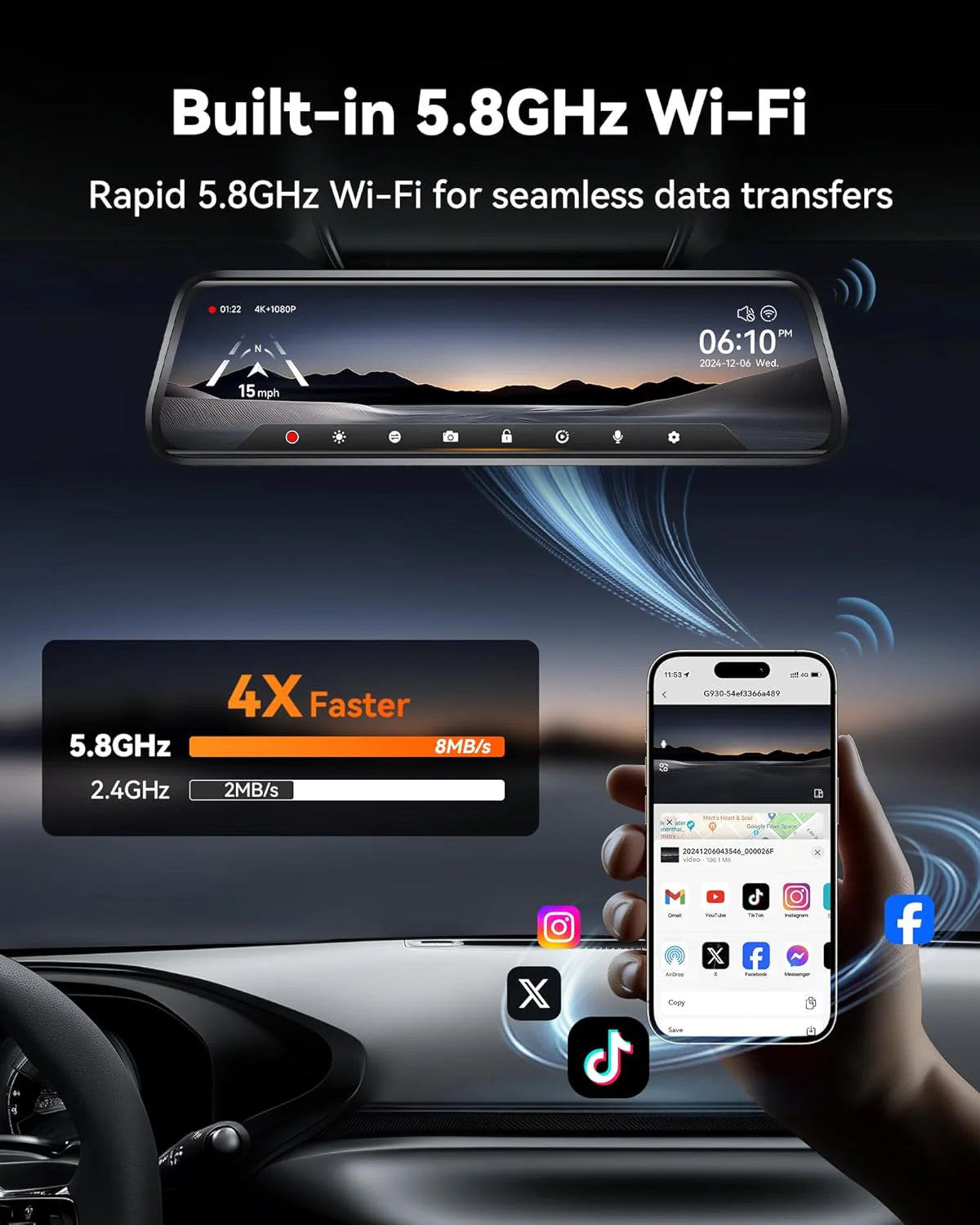 Dash kamera, G930 Rear View Mirror, 4K z Wi-Fi i GPS