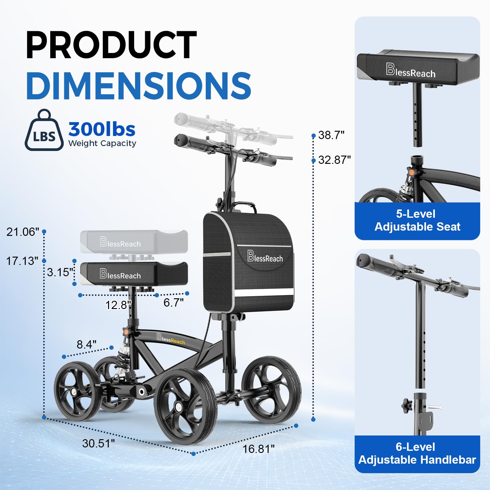 Knee Walker, Steerable, deluxe Medical hulajnoga, czarny