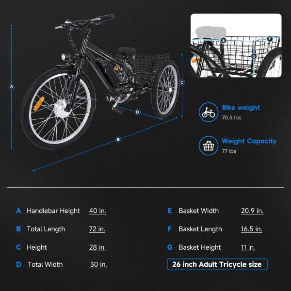 1787773960_rSYtlq9d Tricycle - 26 Inch Adult 3 Wheel Electric, Featuring Basket - Fat Tires, 7 Speeds, 350W Powerful Motor, 36V 10Ah Removable Battery Dark Gray
