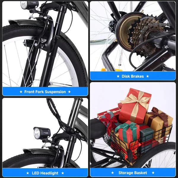 1787773973_tse9xHeQ Tricycle - 26 Inch Adult 3 Wheel Electric, Featuring Basket - Fat Tires, 7 Speeds, 350W Powerful Motor, 36V 10Ah Removable Battery Dark Gray
