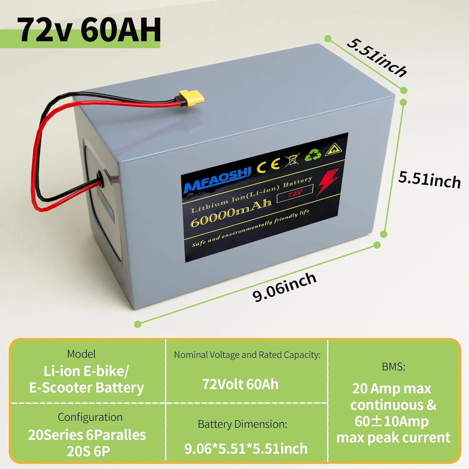 27223586417d37e6b801571580ac2b367cca514635179918b5c19bc76e5e29fa-1 72V 60Ah Lithium E-bike z LED akumulator, XT90 Connector