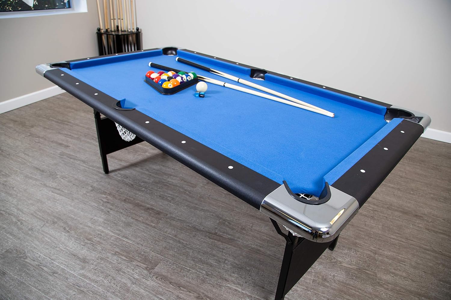 Table - 6 Ft Portable Pool - Adults Folding Billiards Tables for Game Room with Easy Foldable Storage, Includes Full Set of Billiard Balls, Cues