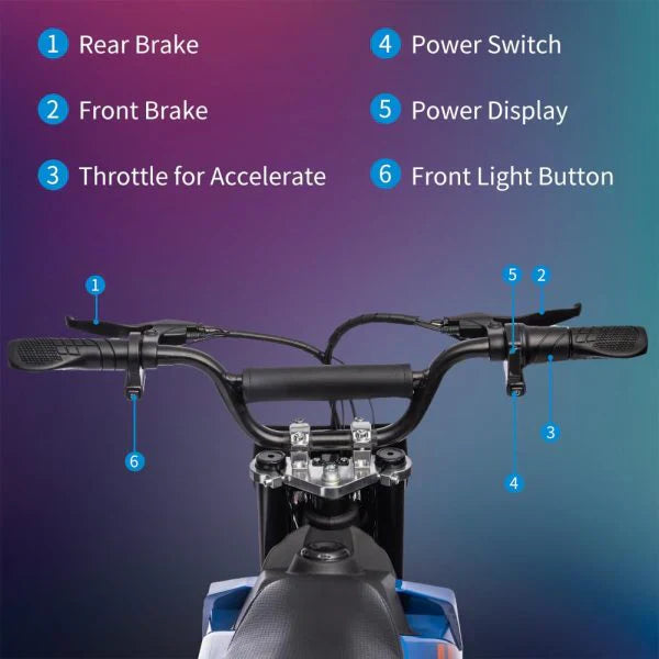39543c5f5794b8fd0d997b18567f1e61b9f66098776cffc62c54fa9fb64f0160 36V dla dzieci elektryczny Dirt rower, 36V, 350W, 15.5MPH, LED, 175lb maks niebieski