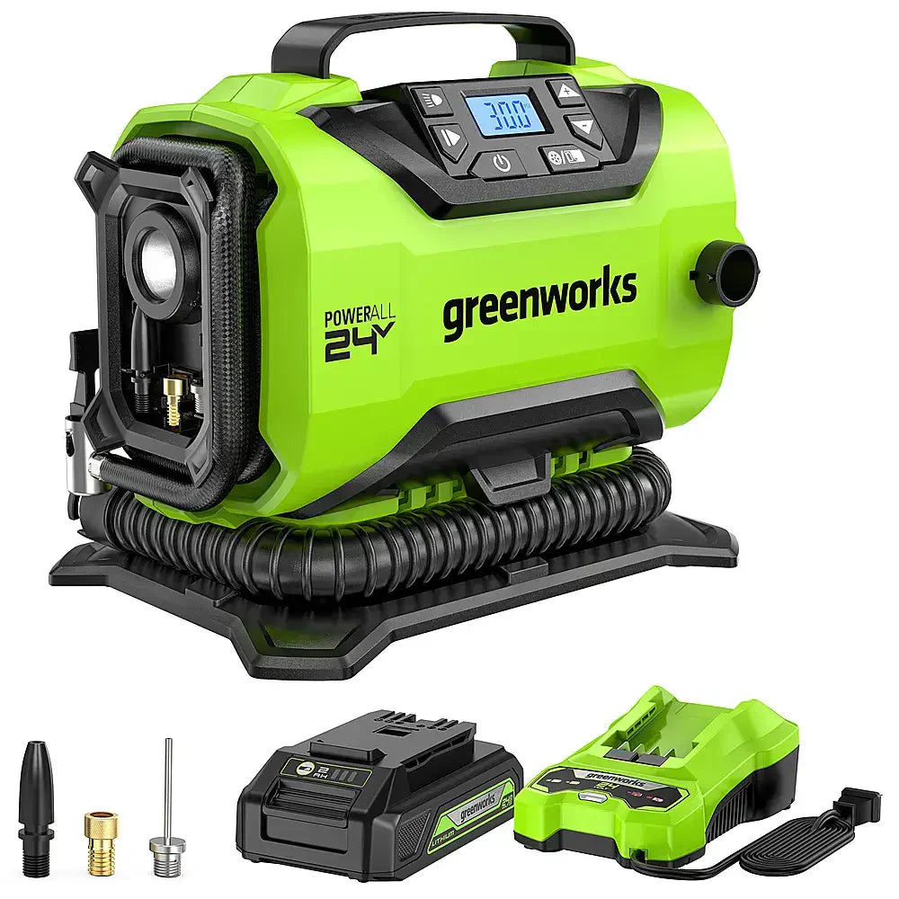 516887827efc7b55903baa2a17230a21fee46fb4c96001a33e8b871cea75f6c7 Inflator - 24 Volt Battery Powered 160-PSI, Featuring 2.0 Ah USB-C Battery and Charger - Green Finish
