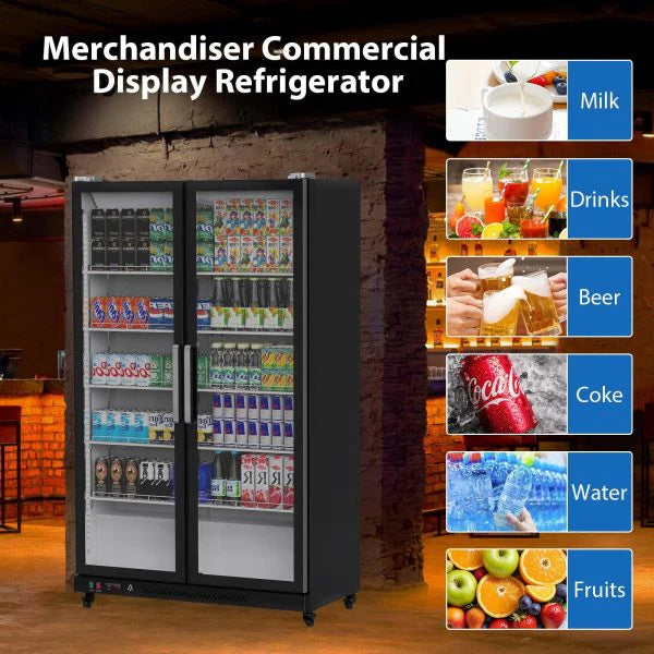 56ab43bc5c996a9e5530fcb2ee5d56e304d0b3d2f5c697b282f41ad0b8ad889b Refrigerator - Commercial - Glass Door with LED Lighting Upright Beverage Display Cooler for Home, Store, Gym, Or Office, Featuring Double Swing