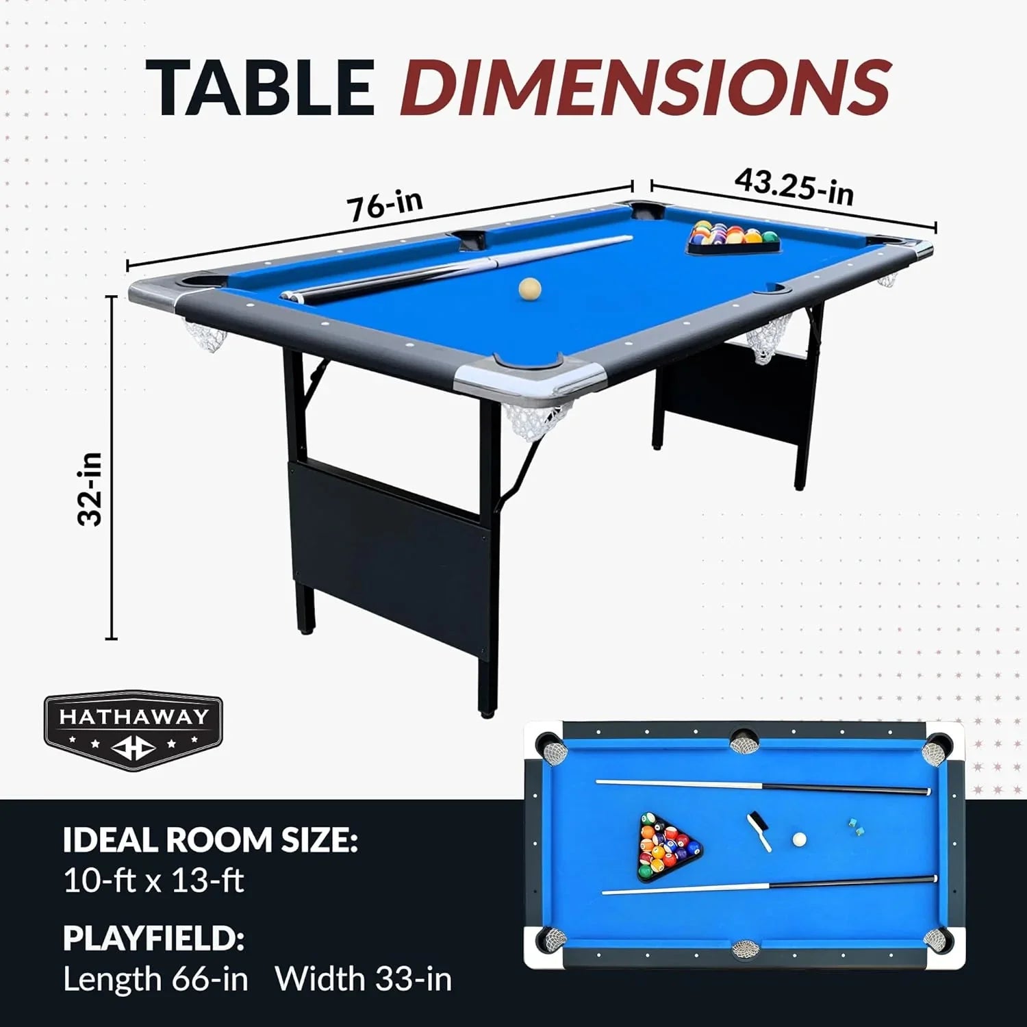 Table - 6 Ft Portable Pool - Adults Folding Billiards Tables for Game Room with Easy Foldable Storage, Includes Full Set of Billiard Balls, Cues