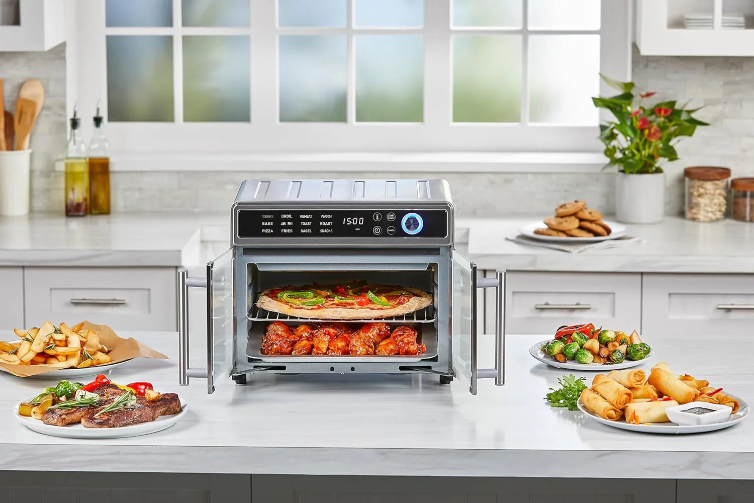 67d233dfb7b34c6bb1465de34c8e6cf3350dd0cb8a69f14fcfbde43ae4c2e402 Toaster Oven - Crisp 'N Bake Air Fryer, Combo - 12 in 1 Countertop Convection Oven Cooks Food Fast, Fits a Whole Pizza or 6 Toast Slices, French Doors