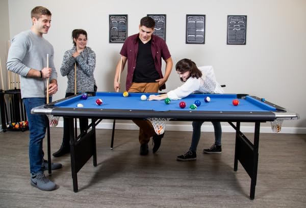 Table - 6 Ft Portable Pool - Adults Folding Billiards Tables for Game Room with Easy Foldable Storage, Includes Full Set of Billiard Balls, Cues