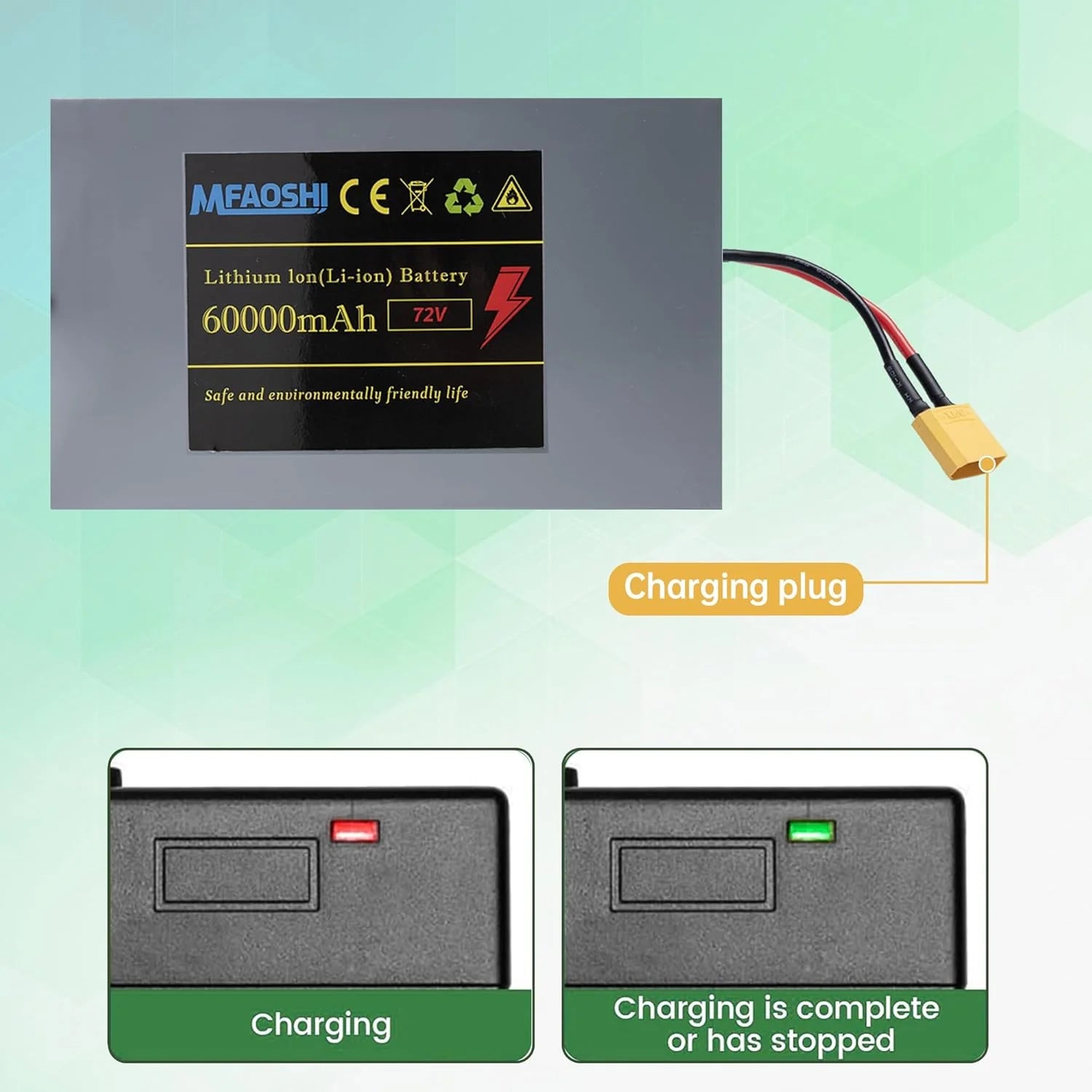 99ce44cff82587804732939acdc1b76b5df9333cd63522c38a102b60856424d7 72V 60Ah Lithium E-bike z LED akumulator, XT90 Connector
