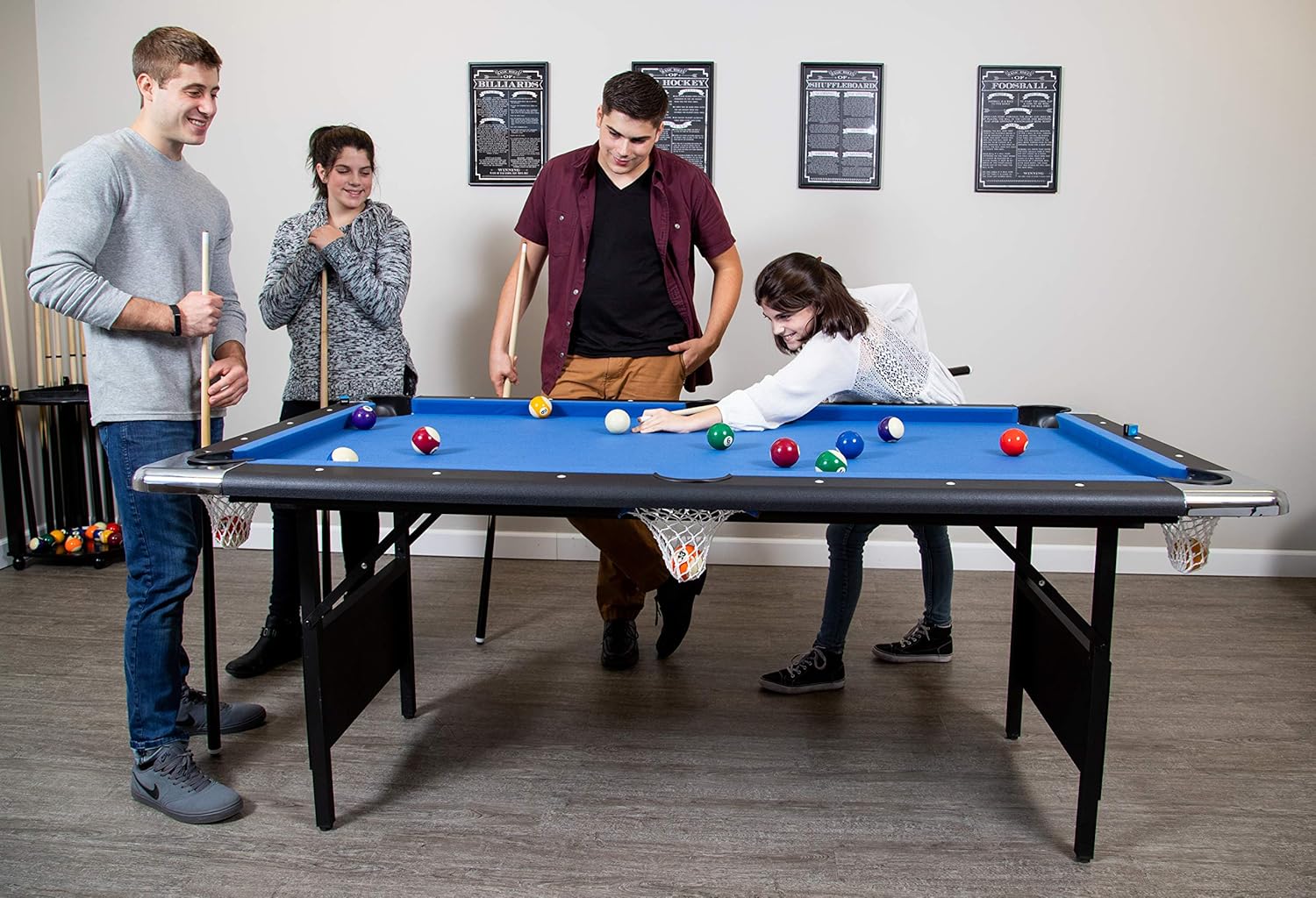 Table - 6 Ft Portable Pool - Adults Folding Billiards Tables for Game Room with Easy Foldable Storage, Includes Full Set of Billiard Balls, Cues