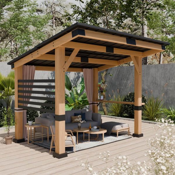9f4c72623576ef1c053ccdb8264ddabd04af69e7619d74d8df421dd10f7f9852 Hardtop Gazebo - 10 X 12FT Heavy Duty Premium Outdoor All-season Wooden Cedar - Featuring Metal Roof and Back Curtains (SAK57184)