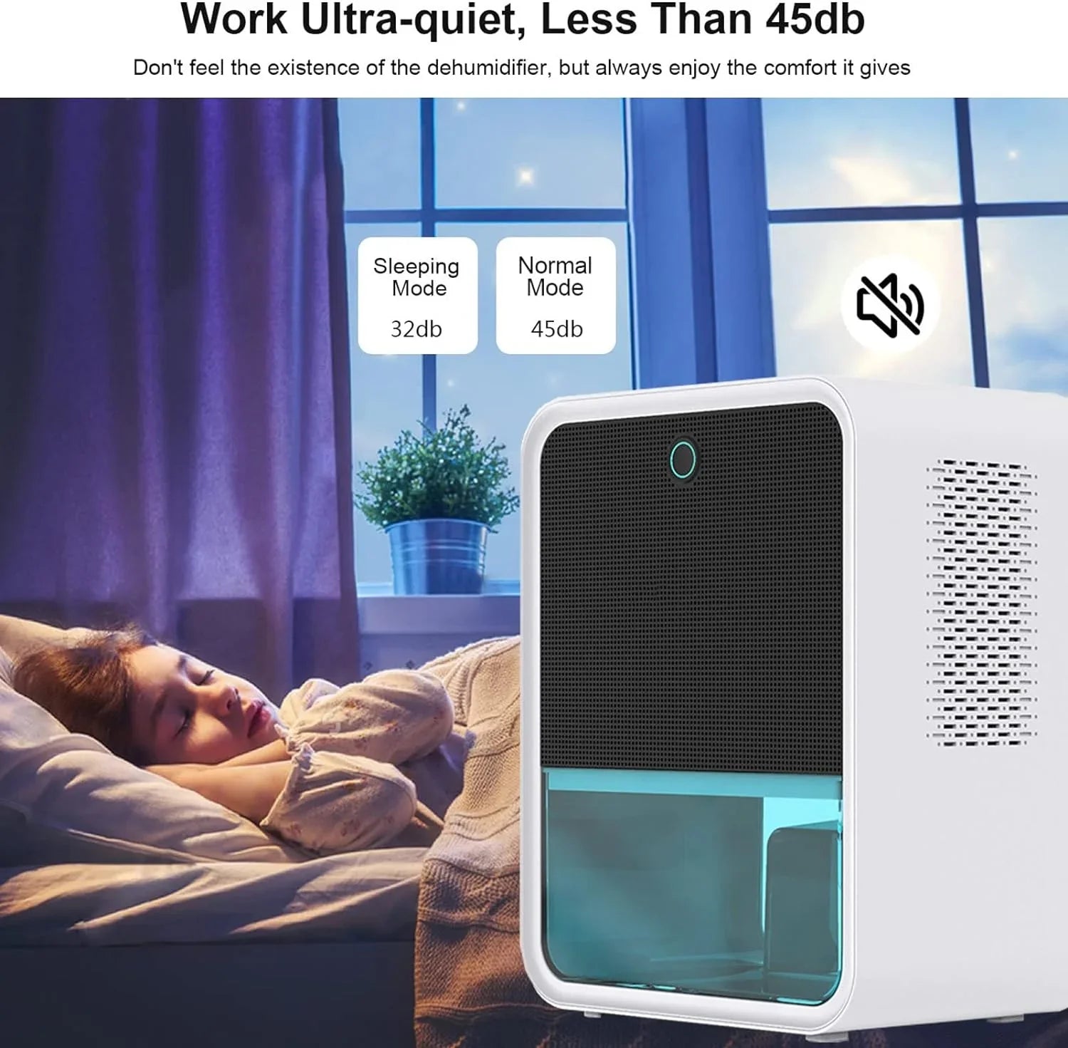 Bedroom Dehumidifier 2.2L zbiornik na wodę z Hygrometer RGB lampa LED