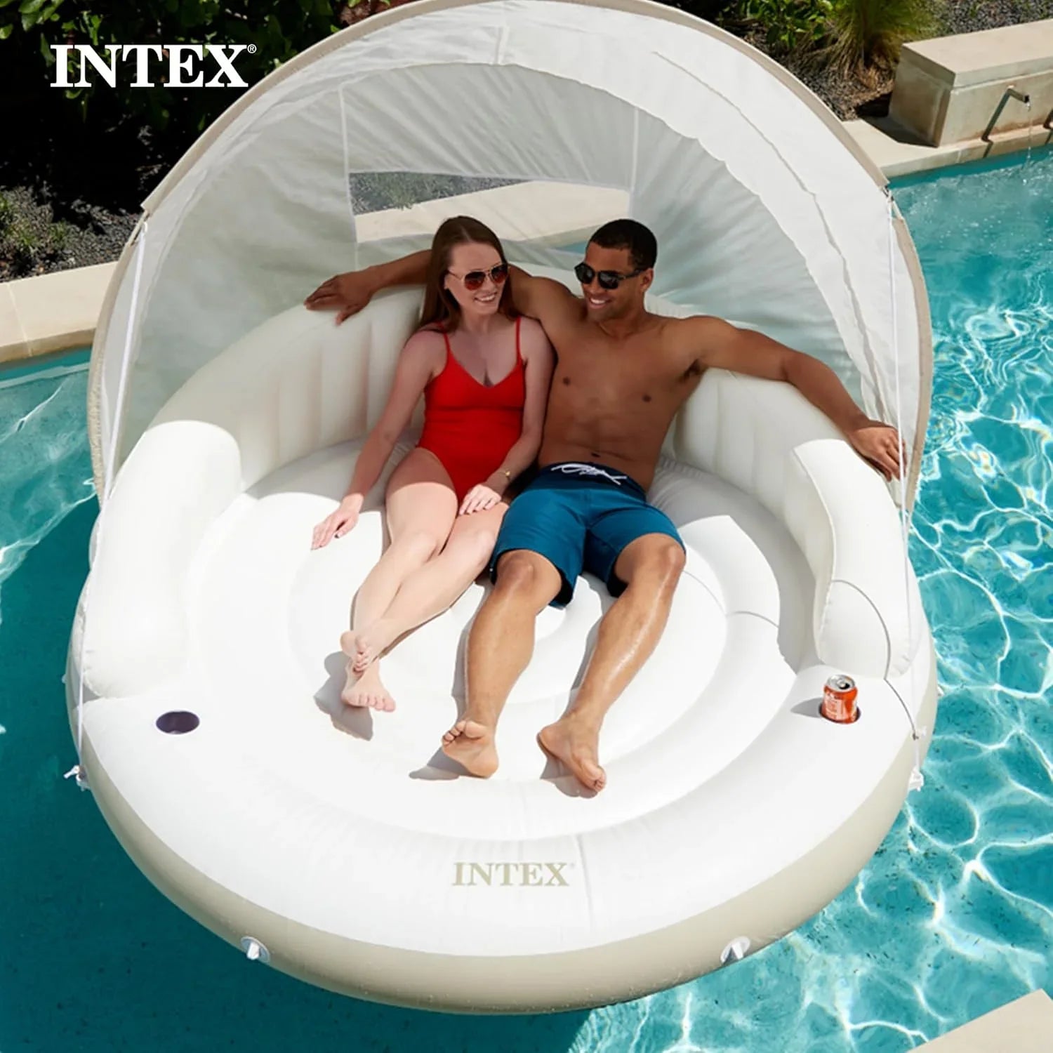 a7e50ea62fa5b515ee0a3d3ddf37ea8566dc4b9046c44910046161cb48274b6d Canopy - 58292EP, Island Inflatable Pool Float - Comfortable Lounge Surface Built-in Cup Holders Detachable Sunshade 440lb Max Weight Capacity 78.5-inch X 59-inch