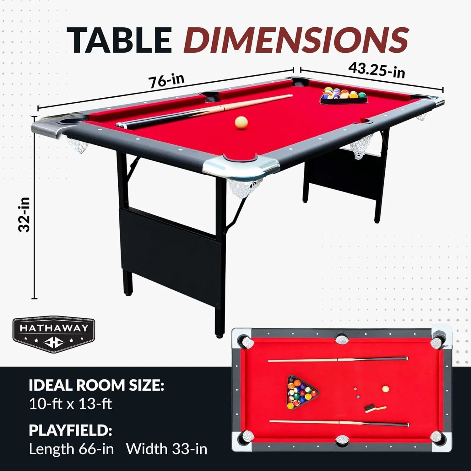 Table - 6 Ft Portable Pool - Adults Folding Billiards Tables for Game Room with Easy Foldable Storage, Includes Full Set of Billiard Balls, Cues