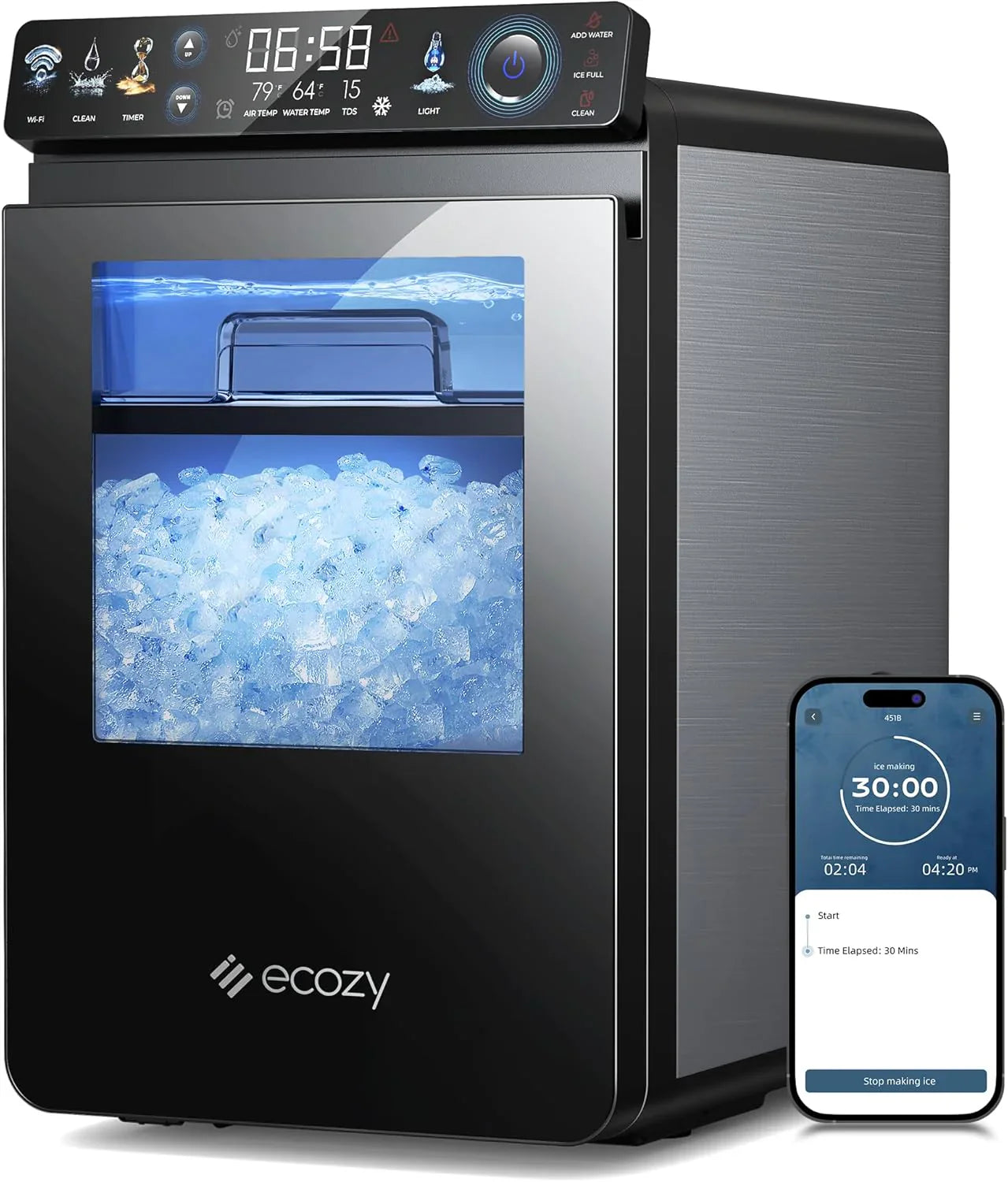 bd3a0dfd5d6121ab3c8f9724cc41e58207b3380f0671a3a7a94ef8d6f1cc5afb Ice Maker - Nugget, Countertop - Smart Pebble Ice Machine with APP Control, 44 lbs/24H Soft Pellet Chewable Ice with Self-cleaning, Stainless Steel