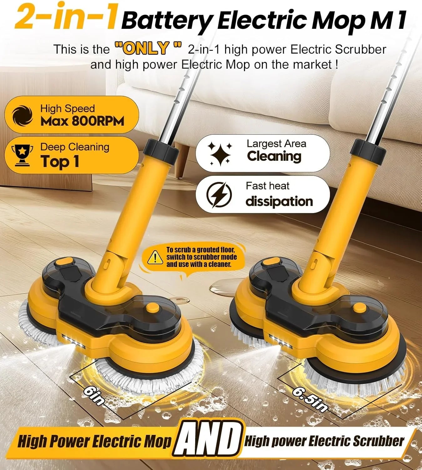 be78d98cc9bbdb904753c33168176cf2e40cd3d859d4d1cbabdeb8b2f251c60e Battery - 6000mAh, Electric Mop M1, 800RPM Cordless Electric Power Scrubber and Mops for Floor Cleaning - Best Automatic Spin Mops with Smart