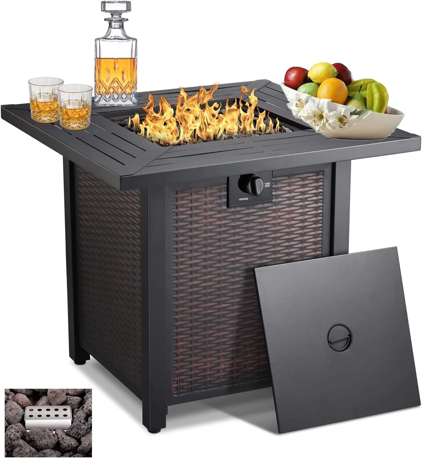 cc41563bacf8f9a9730c50f9d49476c284af9ee9b1d00820428be3e12b32dd42 28-inch, Featuring 50, 000-watt Automatic Ignition Gas Fire Pit Table, Csa-certified, Imitation Wicker Wood Material, Equipped with a 6.6-pound Stone Shelf