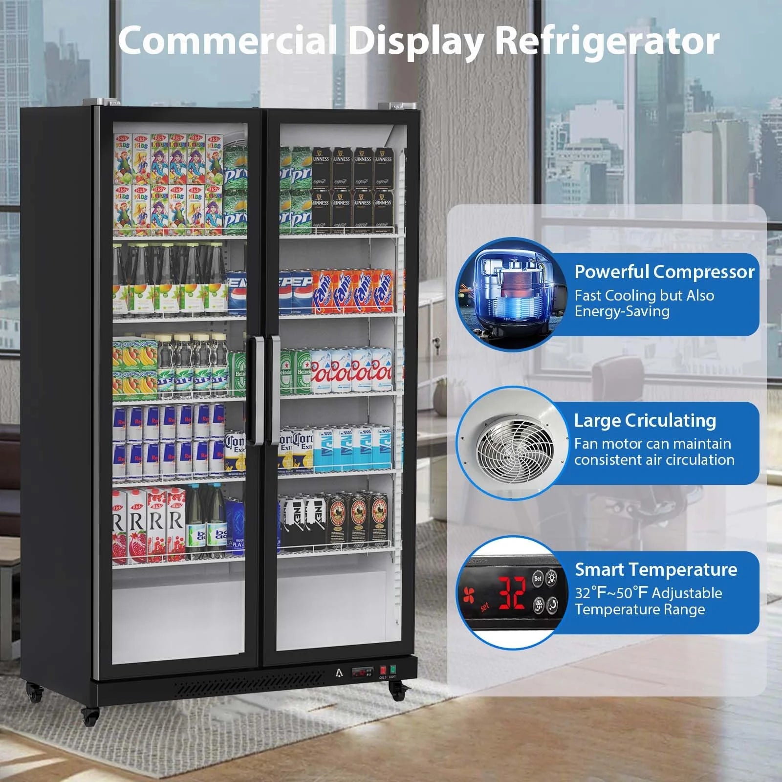 cc5ea87a34d161e9f34d9a3ccbc5cec0fdb9ff725b9dec803965964da4b20dd3 Refrigerator - Commercial - Glass Door with LED Lighting Upright Beverage Display Cooler for Home, Store, Gym, Or Office, Featuring Double Swing