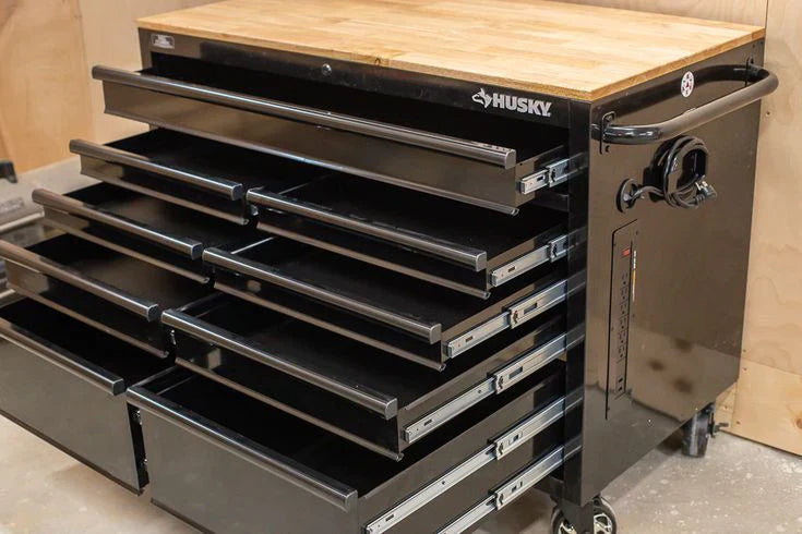 d6b10a634a1bc54bf48de23151bb6e053b8ea5d58793579a023f49c511e16aa8 Workbench - 46-in W X 24.5-in D 9-Drawer Mobile - Featuring Hardwood Top and Power Station Gloss Black